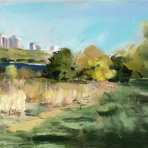 May include: A painting of a landscape with a city skyline in the distance. The foreground is a field of tall grass with a river or lake in the middle ground. The trees are painted in shades of green, yellow, and brown.