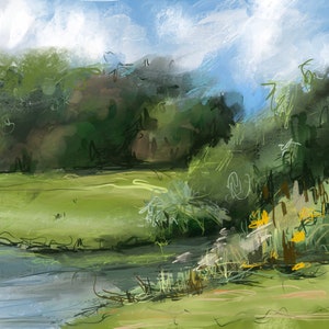 May include: A painting of a landscape with a river, green grass, and trees in the background. The sky is blue with white clouds.