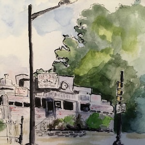 May include: A watercolor painting of a diner with a sign that reads "B&B's Diner" and a phone number. The diner is painted in shades of gray and white, with a green bush in front. There is a streetlight and a traffic light in the foreground.