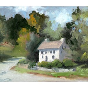 May include: A white farmhouse with a gray roof sits on a hill surrounded by green trees. The house has a few windows and a door. The scene is painted in a loose, impressionistic style.
