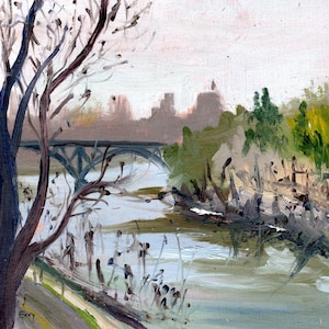 May include: A painting of a river scene with a bridge in the background. The river is a light blue color and the bridge is a dark gray color. There are trees on both sides of the river and a building in the distance.