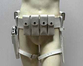 Punisher witte leren riem met opbergvakjes en holster – handgemaakte cosplaykostuumriem