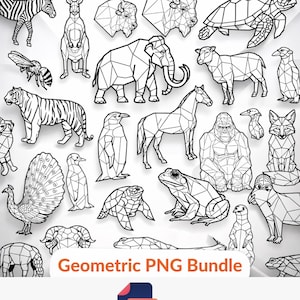 May include: A collection of geometric animal illustrations in black and white, including a zebra, kangaroo, elephant, and tiger. The image also features a frog, turtle, and penguin. The text "Geometric PNG Bundle" is displayed at the bottom.