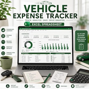 Pode incluir: Um computador portátil exibindo uma planilha do Excel de rastreamento de despesas de veículo com painel, registro de despesas, rastreador de quilometragem, relatórios mensais e planejador de fundos de reserva com gráficos e dados.