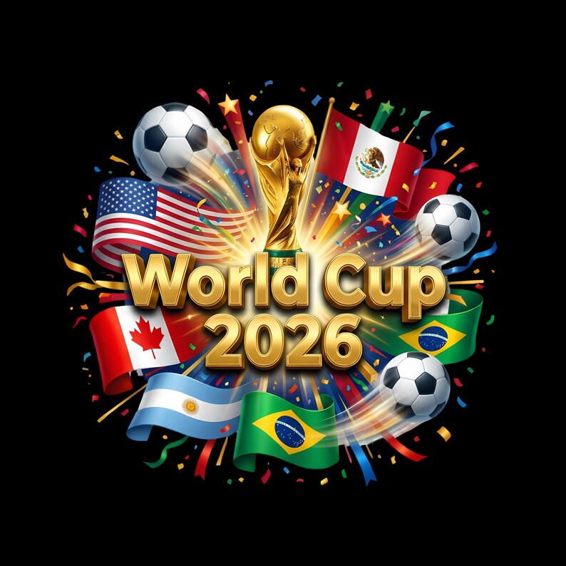 May include: A graphic for the 2026 World Cup, featuring a golden trophy, soccer balls, and flags of the USA, Canada, Mexico, Argentina, and Brazil. The words "World Cup 2026" are in gold, with a black background and colorful accents.