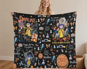 Coraline Character Flannel Blanket – Made in USA Dark Fairy Tale Gothic Fantasy Blanket – Cozy Kids Bedroom Throw – Halloween Gift Idea