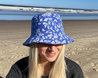 Handmade quilted double sided bucket hat royal blue Handmade Quilted Reversible Bucket Hat (S/M) 4th of July  main image 2