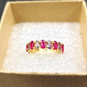 14k Gold Fill Amethyst Engagement Band Oval Cut Ruby Wedding Band Red Ruby Eternity Band for Women Unique Bridal Promise Band for Women