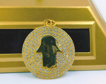 14K Solid Gold Red Evil Eye Hamsa Pendant - Fatima Hand Charm, 22mm - Alex And Elsa