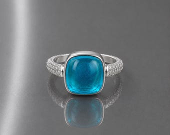 Blue Topaz Engagement Ring, Cushion Cut Halo, 925 Sterling Silver, Christmas Gift