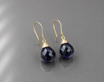 Orecchini pendenti in oro 14 carati con topazio blu di Londra, orecchini pendenti con doppietta di gemma blu, orecchini pendenti in argento fatti a mano, gioielli da donna con topazio, regalo di nozze
