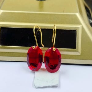 14K Solid Gold Garnet Lever Back Earrings, Dangle Drop, Oval Cut Red Garnet Earrings, January Birthstone Gift, Women Delicate Gold Jewelry