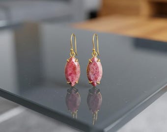 Sterling Silver Rhodochrosite Earrings, Marquise Pink Stone