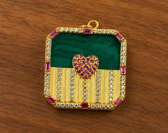 14K Gold Diamond Ruby Malachite Pendant, Handmade Cushion Charm
