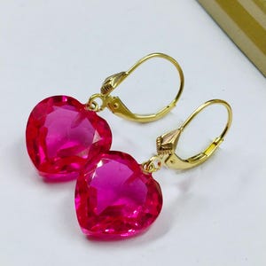 14K Gold Pink Tourmaline Heart Earrings, Heart Dangle Earrings, Small Heart Earrings, Rubelite Tourmaline Jewelry Gift For Her.