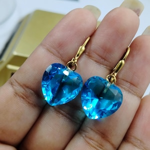 14K Solid Gold Blue Topaz Heart Earrings, Blue Topaz Drop Earrings, November Birthstone Earrings, Bridal Heart Drop Jewelry, Gift For Her