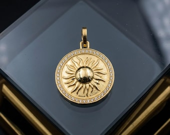 14K Solid Gold Diamond Sunburst Pendant, Celestial Necklace