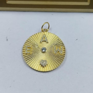 Diamond Fluted Disc Pendant, 14k Gold Natural Diamonds Initial Pendant, Personalize Pendant, Round Disc Alphabet Charm, Pendant For Necklace