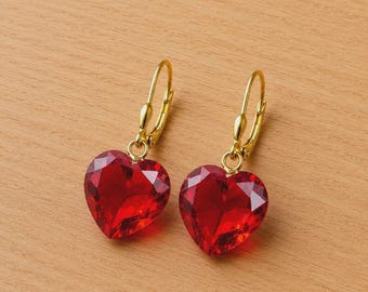14K Gold Red Ruby Heart Drop Earrings, July Birthstone