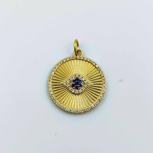 Beautiful Disc Evil Eye Diamond Blue Sapphire 925 Silver Charm Pendant, Designer Disc Evil Eye Diamond Charm, Handmade Pendant Jewelry