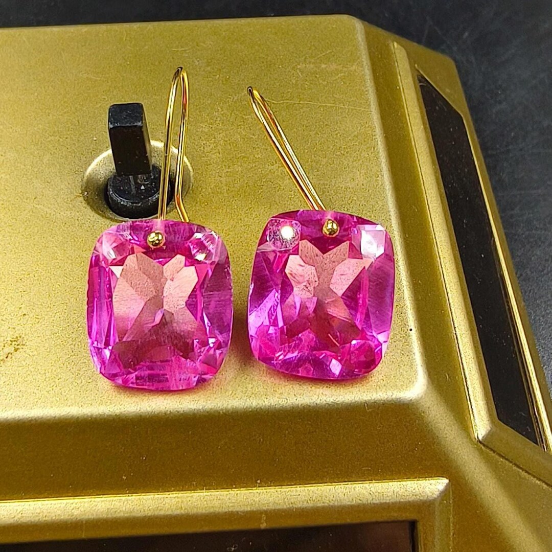 14K Gold Pink Topaz Cushion Drop Earrings, November Birthstone - Etsy