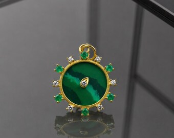14k Gold Malachite Pendant with Emerald & Diamond Accents
