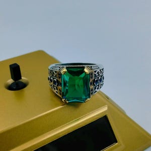 Turkish Men&#39;s Ring, Emerald Stone Ring, 925 Sterling Silver Ring, Turkish Handmade Ring, Men&#39;s Jewelry, Gift for men, Father&#39;s day gift