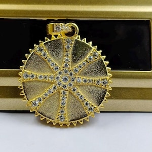 925 Sterling Silver Designer Disc Sunburst  Diamond Pendant Celestial Coin Pendant Flower  Diamond Pave Setting Handmade Charm Gift Pendant
