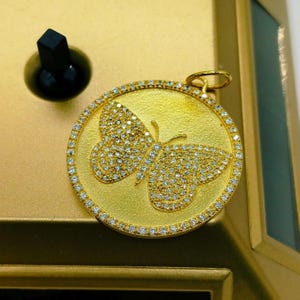 14k Gold Round Butterfly Diamond Charm Pendant, Designer Butterfly Diamond Gold Pendant, Butterfly  Gold Handmade Jewelry, Gift For Love