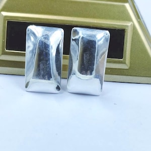 90s Silver Tone Earrings | Modernist Rectangle Shiny Silver Tone Statement Earrings | Crooked Rectangle Earrings