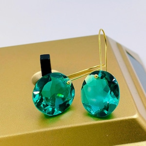 14K Gold Oval Paraiba Tourmaline Statement Earrings, Green Tourmaline Drop Earrings, Tourmaline Jewelry, Valentines Gifts