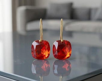 14K Gold Fire Opal Earrings, Cushion Drop, Handmade Jewelry, Summer Jewelry