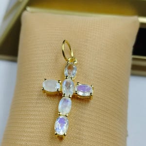 Rainbow Moonstone Cross Pendant: Handmade Sterling Silver Charm