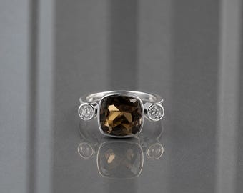 Handmade Smoky Quartz Sterling Silver Ring – Cushion Cut Signet Style