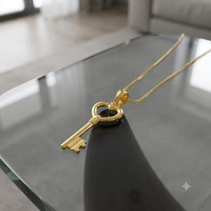 Dainty Heart Key Necklace, 925 Sterling Silver, Gold Charm, Summer Jewelry