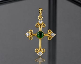 Emerald & Diamond Silver Cross Pendant - 14k Gold Fill - May Birthstone