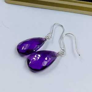Purple Amethyst Earrings Simulated Faceted Puffed Teardrop 14k Solid Gold or Filled or Sterling Silver Deep Rich Purple Large Classic Drop