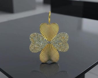 14K Gold Diamond Clover Pendant, Lucky Heart Four Leaf Necklace