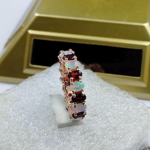Unique 925 Sterling Silver Opal Eternity Band For Women Art Deco Cluster Multi Gemstone Band 14k Rose Gold Garnet Eternity Wedding Band