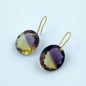 14K Gold Oval Purple Yellow Ametrine Earrings, Statement Earrings, Bicolor Ametrine Earrings, Valentine Gifts