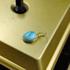 18k Gold Larimar Charm: Handmade Bezel-Set Oval Pendant