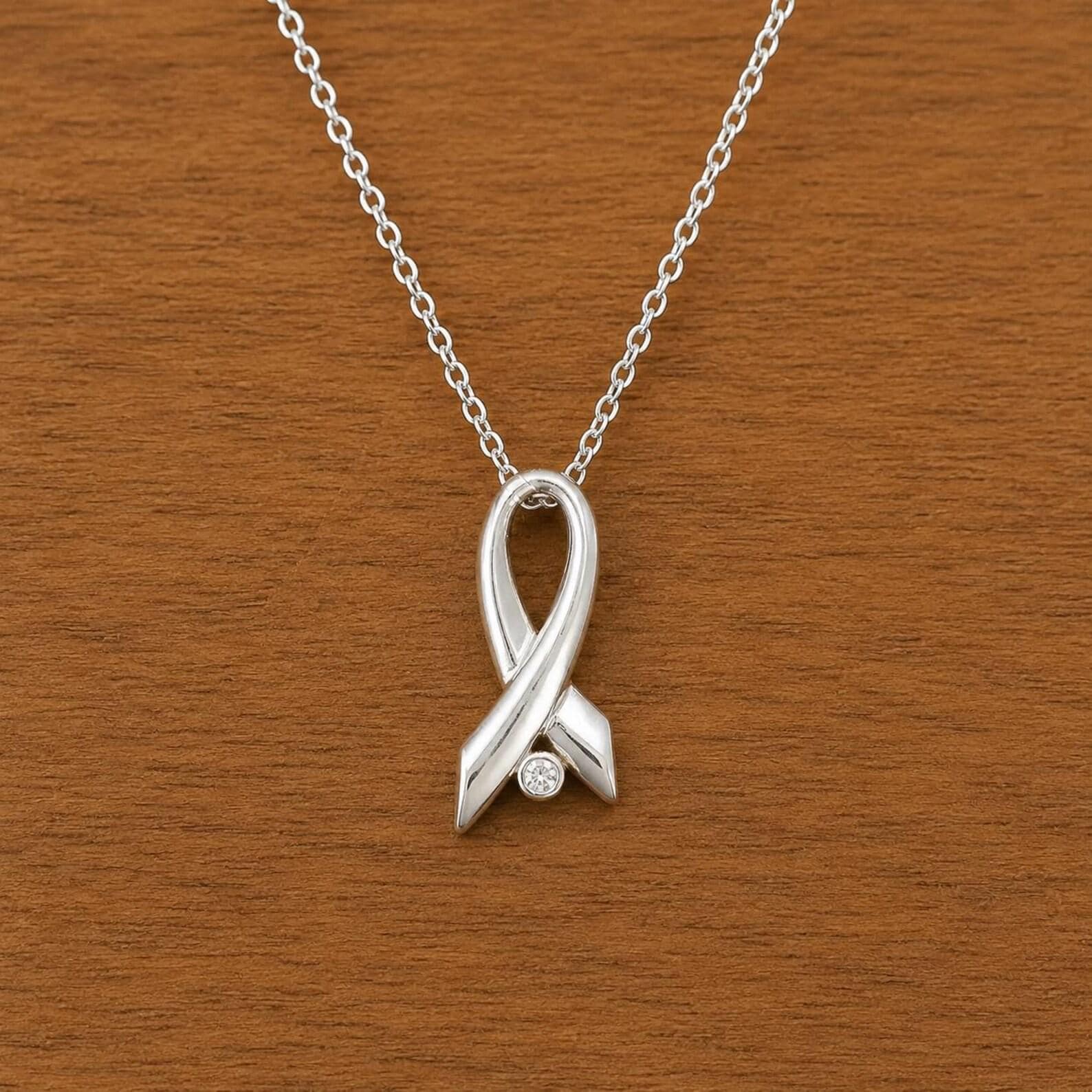 Moissanite Ribbon Necklace • Sterling Silver Cancer Awareness