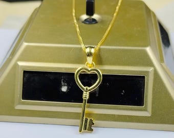 Dainty Heart Key Necklace, 925 Sterling Silver, Gold Charm, Summer Jewelry