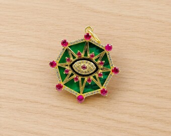 14k Gold Malachite Evil Eye Pendant: Ruby Diamond Halo Necklace