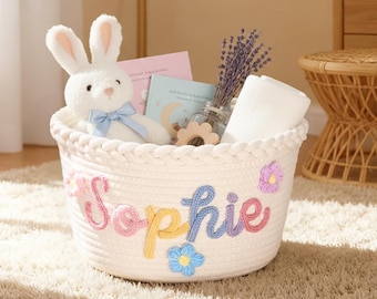 Personalised Baby Basket - Nursery Storage Cotton Knit Woven Basket for Baby Girl Gifts