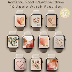 Op de afbeelding: Een verzameling van tien Apple Watch-wijzerplaten met romantische thema's, met hart- en bloemontwerpen in zachte kleuren. De afbeelding bevat de tekst "Cozy Valentine Bundle" en "Romantic Mood Valentine Edition".