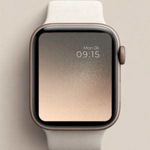 May include: A gold-toned smartwatch with a white fabric band. The watch face displays the date and time, with a gradient background of gold and brown. The watch has a rounded square face and a textured side button.