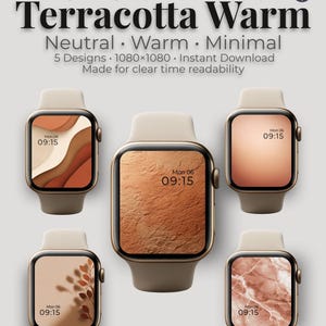 May include: An advertisement for Apple Watch wallpapers with a terracotta warm theme. The image displays five Apple Watches with different neutral, warm, and minimal designs. Each watch face shows the time, and the text "Terracotta Warm" is prominently displayed.