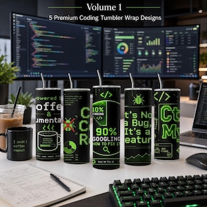 May include: Five black cylindrical tumblers featuring green digital-style text and graphics related to coding and coffee. Designs include phrases like 'It's Not a Bug, It's a Feature', '10% Coding, 90% Googling', and 'Powered by Coffee & Documentation'.