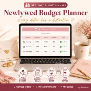 Puede incluir: Un planificador de presupuesto digital para recién casados en una pantalla de portátil, con una tabla de presupuesto mensual para junio de 2026 que incluye categorías de vivienda, comestibles y citas. La interfaz muestra iconos de gestión.